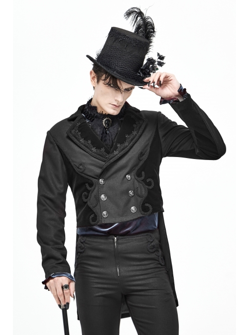 Front Floral Webbing Metal Retro Button Black Gothic Weft Velveteen Tailcoat