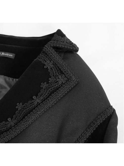 Front Floral Webbing Metal Retro Button Black Gothic Weft Velveteen Tailcoat