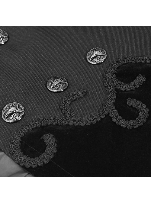 Front Floral Webbing Metal Retro Button Black Gothic Weft Velveteen Tailcoat