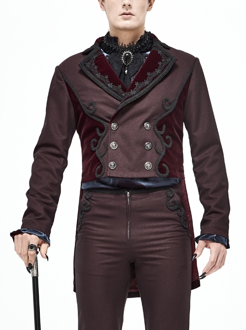 Front Floral Webbing Metal Retro Button Wine Red Gothic Weft Velveteen Tailcoat