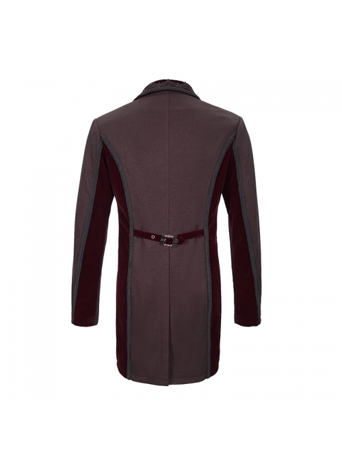 Front Floral Webbing Metal Retro Button Wine Red Gothic Weft Velveteen Tailcoat