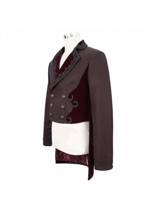 Front Floral Webbing Metal Retro Button Wine Red Gothic Weft Velveteen Tailcoat
