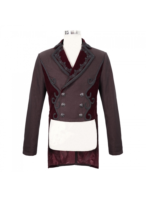 Front Floral Webbing Metal Retro Button Wine Red Gothic Weft Velveteen Tailcoat