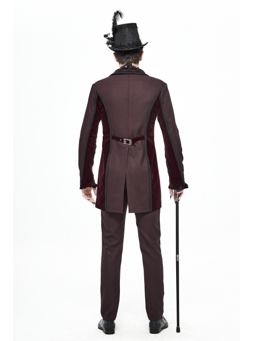 Front Floral Webbing Metal Retro Button Wine Red Gothic Weft Velveteen Tailcoat