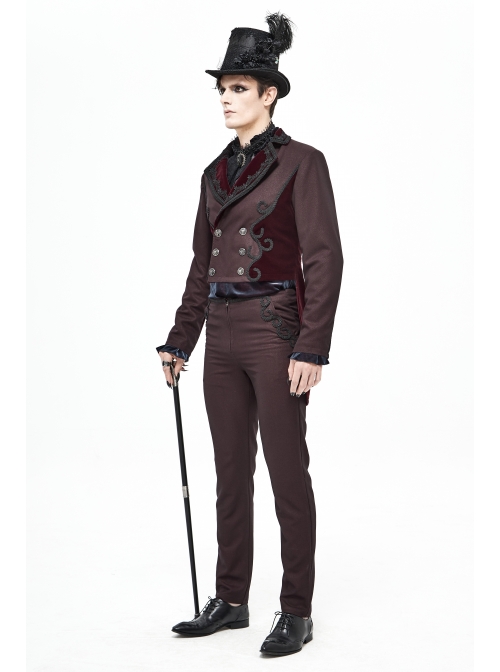Front Floral Webbing Metal Retro Button Wine Red Gothic Weft Velveteen Tailcoat
