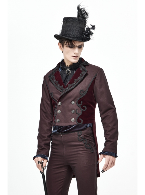 Front Floral Webbing Metal Retro Button Wine Red Gothic Weft Velveteen Tailcoat