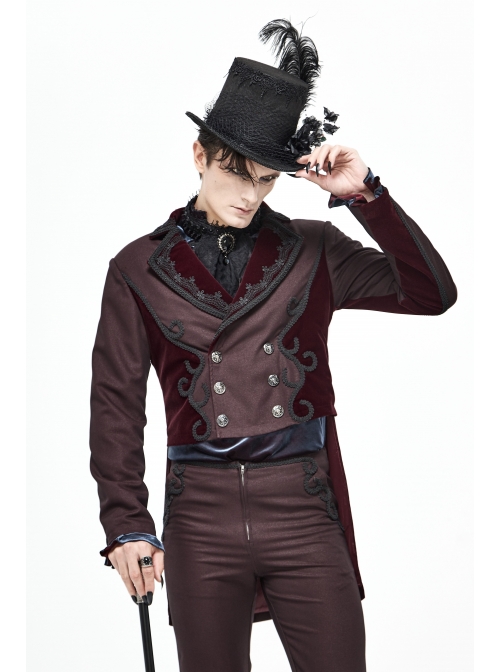 Front Floral Webbing Metal Retro Button Wine Red Gothic Weft Velveteen Tailcoat