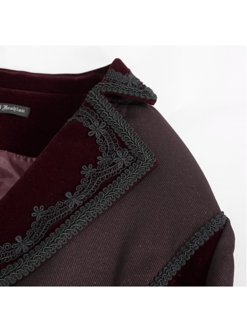 Front Floral Webbing Metal Retro Button Wine Red Gothic Weft Velveteen Tailcoat