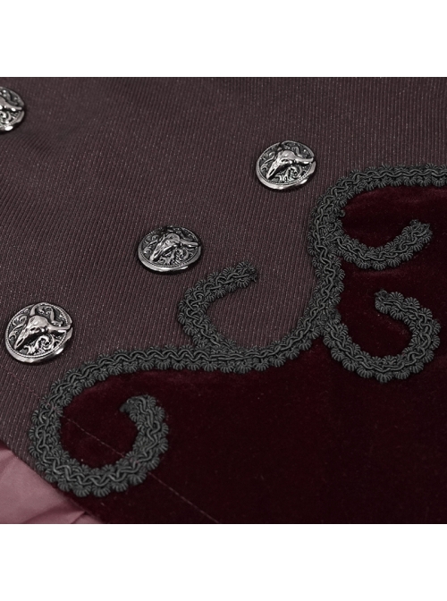 Front Floral Webbing Metal Retro Button Wine Red Gothic Weft Velveteen Tailcoat