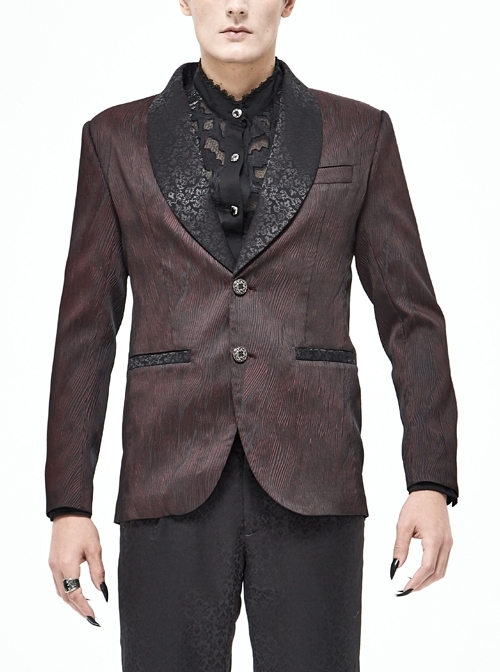 Front Metal Retro Button Metal Nail Cuff Dark Red  Gothic Jacquard Coat