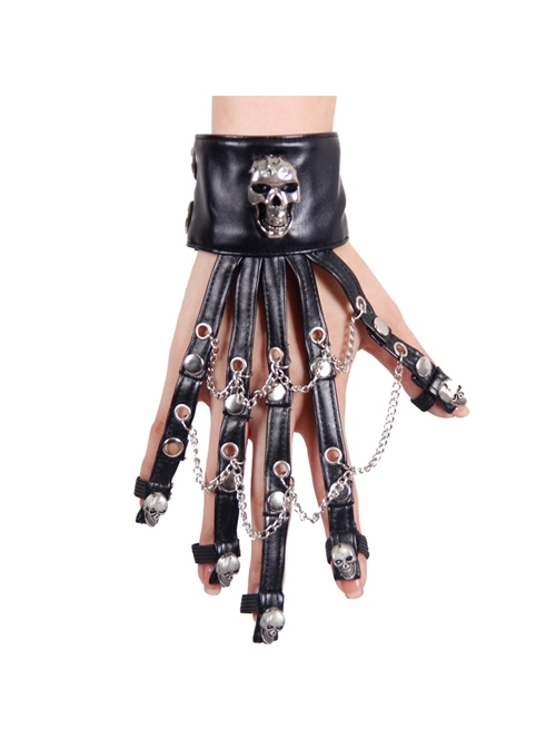 Ghost Head Rivets Metal Chain Decoration Black Punk Women Leather Gloves