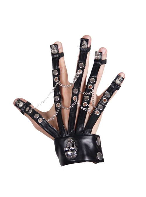 Ghost Head Rivets Metal Chain Decoration Black Punk Men Leather Gloves