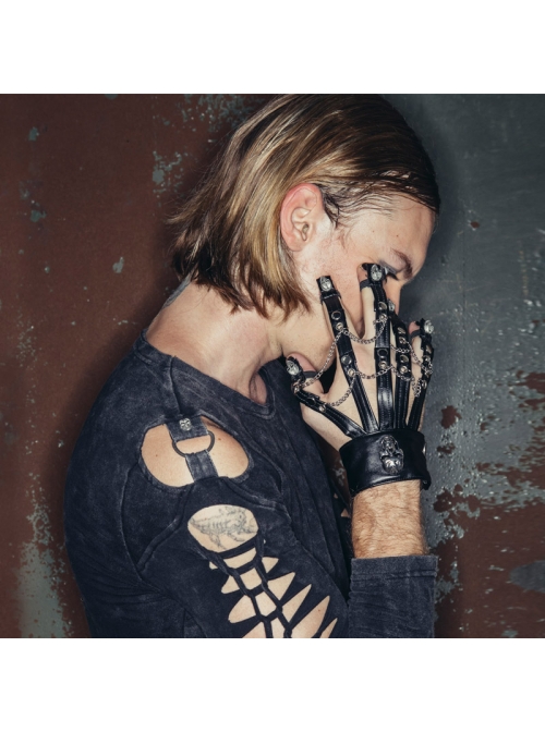 Ghost Head Rivets Metal Chain Decoration Black Punk Men Leather Gloves