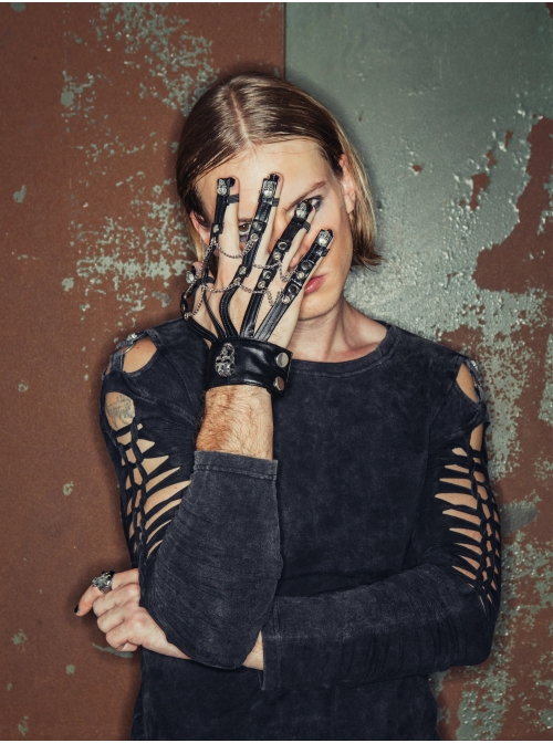 Ghost Head Rivets Metal Chain Decoration Black Punk Men Leather Gloves