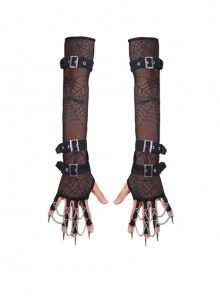 Metal Ring Chain Decoration Metal Buckle Leather Strap Black Punk Mesh Gloves