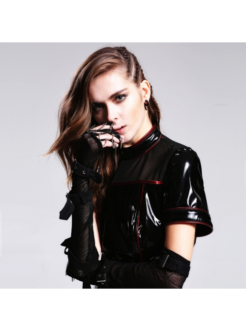 Metal Ring Chain Decoration Metal Buckle Leather Strap Black Punk Mesh Gloves