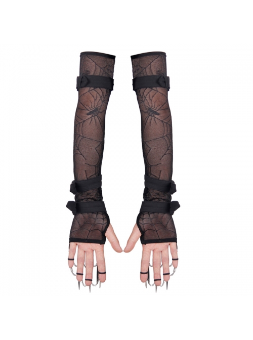 Metal Ring Chain Decoration Metal Buckle Leather Strap Black Punk Mesh Gloves