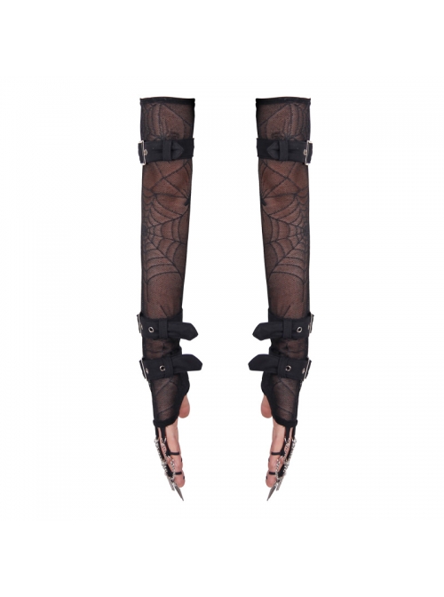 Metal Ring Chain Decoration Metal Buckle Leather Strap Black Punk Mesh Gloves