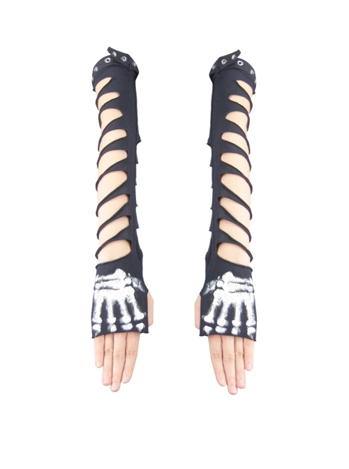 Metal Eyelet Strap Hand-Painted Devil'S Claw Patterns Black Punk Broken Holes Knit Women Gloves