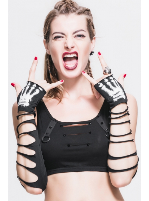 Metal Eyelet Strap Hand-Painted Devil'S Claw Patterns Black Punk Broken Holes Knit Women Gloves
