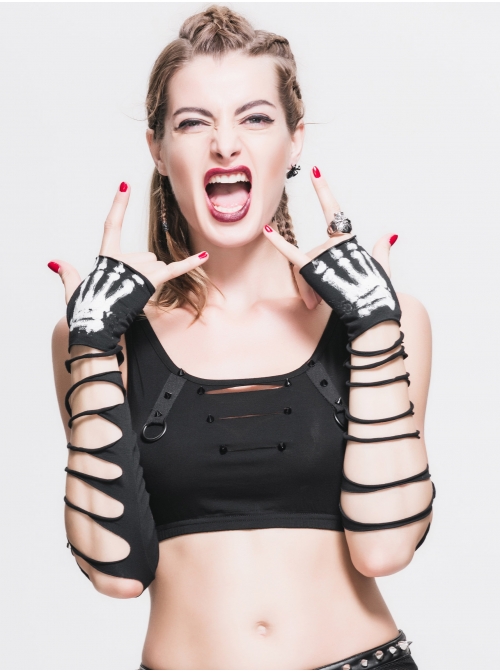 Metal Eyelet Strap Hand-Painted Devil'S Claw Patterns Black Punk Broken Holes Knit Women Gloves