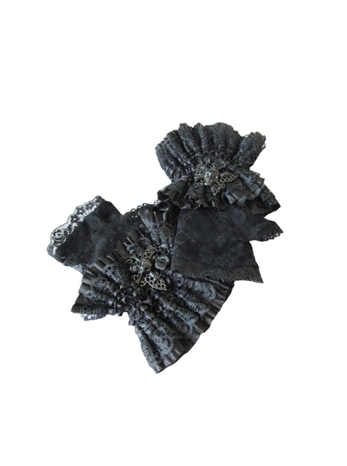 Skull Butterfly Metal Clasp Black Gothic Rose Lace Mesh Gloves