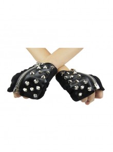 Ghost Head Pendant Metal Rivet Decoration Black Punk Fingerless Leather Women Gloves
