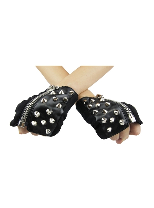 Ghost Head Pendant Metal Rivet Decoration Black Punk Fingerless Leather Women Gloves