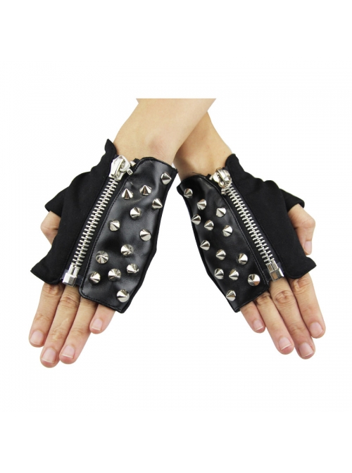 Ghost Head Pendant Metal Rivet Decoration Black Punk Fingerless Leather Women Gloves