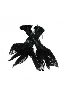 Side Lace-Up Rabbit Hair Lace Black Gothic Flocking Rose Net Gloves