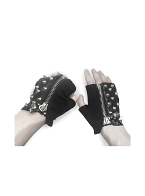 Ghost Head Pendant Metal Rivet Decoration Black Punk Fingerless Leather Men Gloves