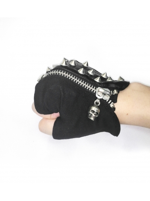 Ghost Head Pendant Metal Rivet Decoration Black Punk Fingerless Leather Men Gloves