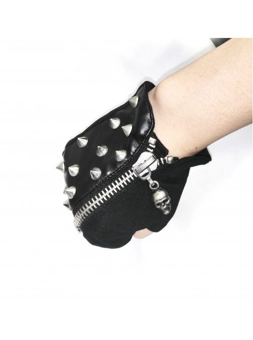 Ghost Head Pendant Metal Rivet Decoration Black Punk Fingerless Leather Men Gloves