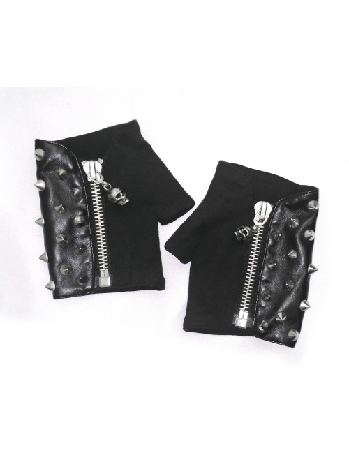 Ghost Head Pendant Metal Rivet Decoration Black Punk Fingerless Leather Men Gloves