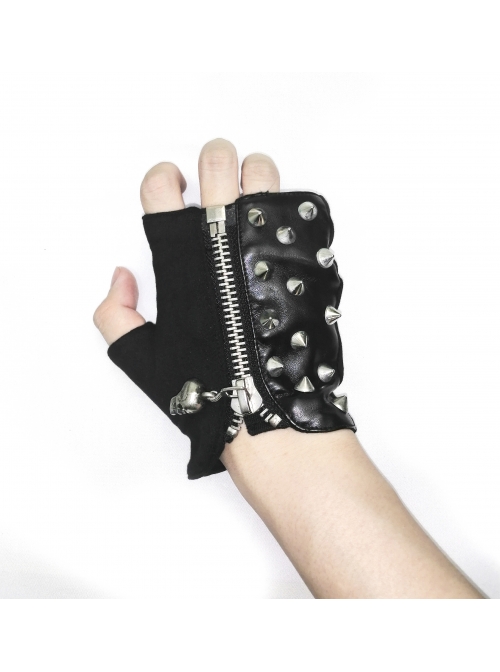 Ghost Head Pendant Metal Rivet Decoration Black Punk Fingerless Leather Men Gloves