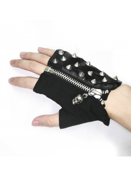 Ghost Head Pendant Metal Rivet Decoration Black Punk Fingerless Leather Men Gloves