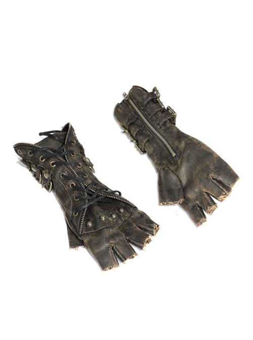 Side Metal Buckle Loop Metal Nail Lace-Up Brown Punk Leather Gloves
