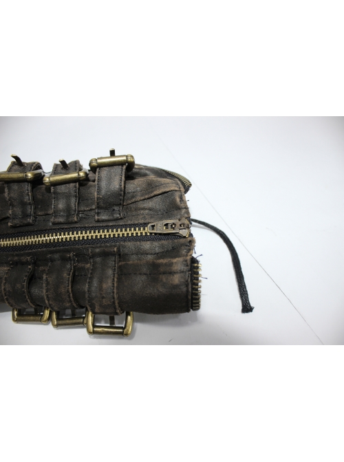 Side Metal Buckle Loop Metal Nail Lace-Up Brown Punk Leather Gloves