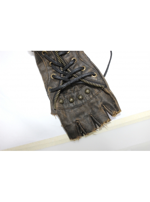 Side Metal Buckle Loop Metal Nail Lace-Up Brown Punk Leather Gloves