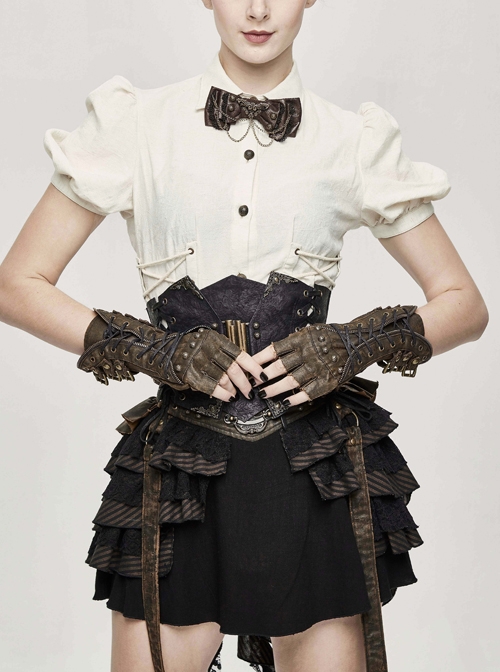 Side Metal Buckle Loop Metal Nail Lace-Up Brown Punk Leather Gloves