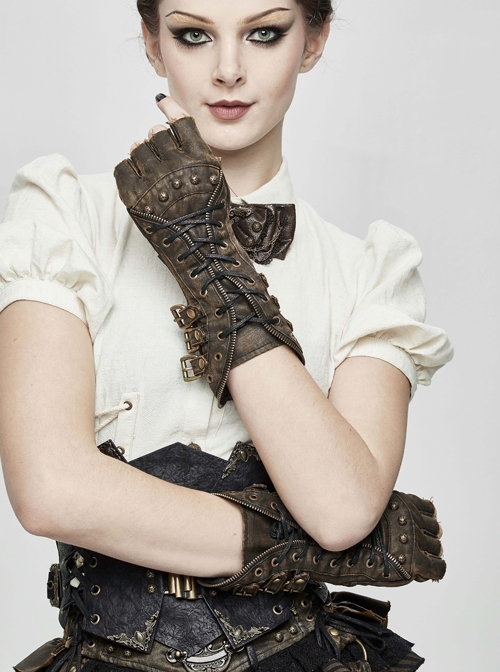 Side Metal Buckle Loop Metal Nail Lace-Up Brown Punk Leather Gloves
