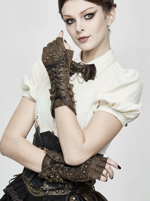 Side Metal Buckle Loop Metal Nail Lace-Up Brown Punk Leather Gloves