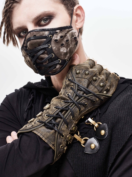 Side Metal Buckle Loop Metal Nail Lace-Up Brown Punk Leather Gloves