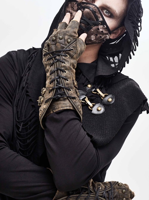 Side Metal Buckle Loop Metal Nail Lace-Up Brown Punk Leather Gloves