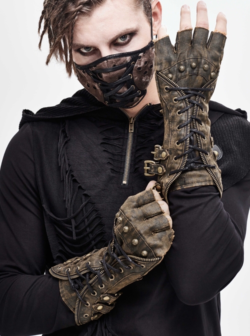 Side Metal Buckle Loop Metal Nail Lace-Up Brown Punk Leather Gloves