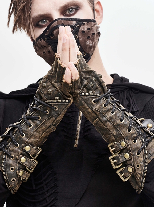 Side Metal Buckle Loop Metal Nail Lace-Up Brown Punk Leather Gloves