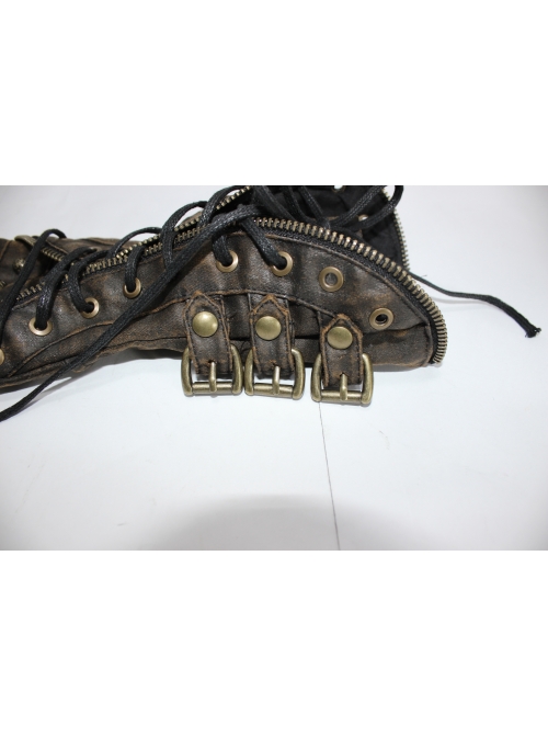 Side Metal Buckle Loop Metal Nail Lace-Up Brown Punk Leather Gloves