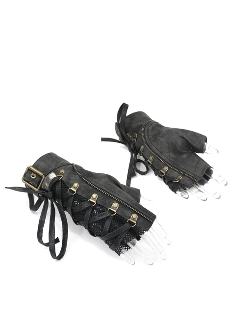 Metal Buckle Side Lace-Up Splice Mesh Black Punk Leather Men Gloves