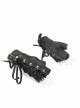 Metal Buckle Side Lace-Up Splice Mesh Black Punk Leather Men Gloves