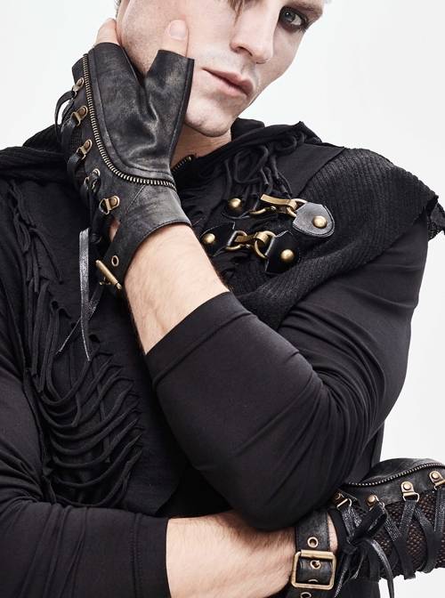 Metal Buckle Side Lace-Up Splice Mesh Black Punk Leather Men Gloves